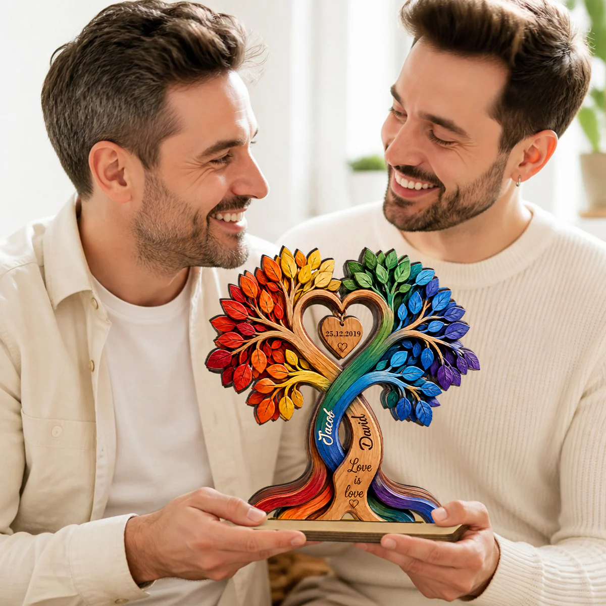 LGBT Couple Heart Tree - Personalized 2-Layered Wooden Plaque - Anniversary Gift for Him, Gift for Her - Image 5
