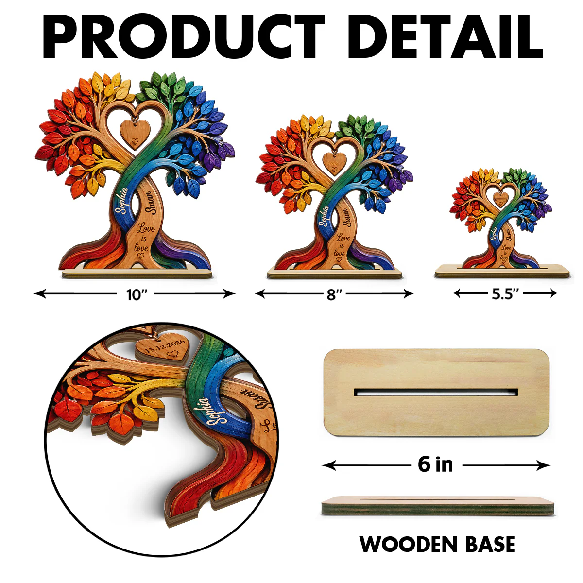 LGBT Couple Heart Tree - Personalized 2-Layered Wooden Plaque - Anniversary Gift for Him, Gift for Her - Image 7