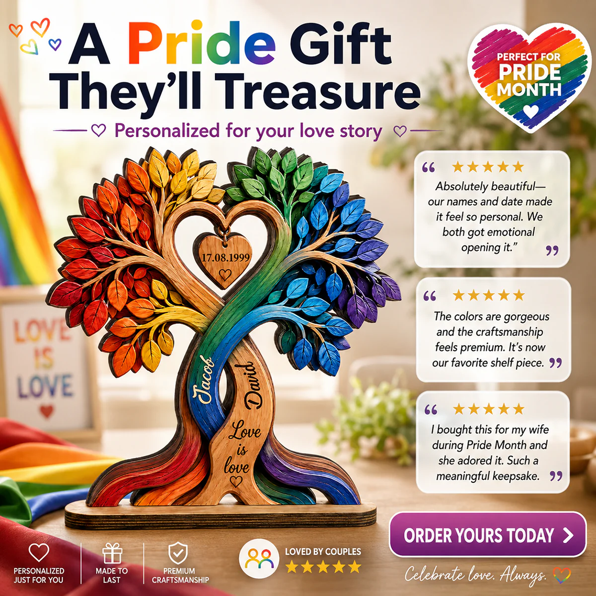 LGBT Couple Heart Tree - Personalized 2-Layered Wooden Plaque - Anniversary Gift for Him, Gift for Her - Image 9