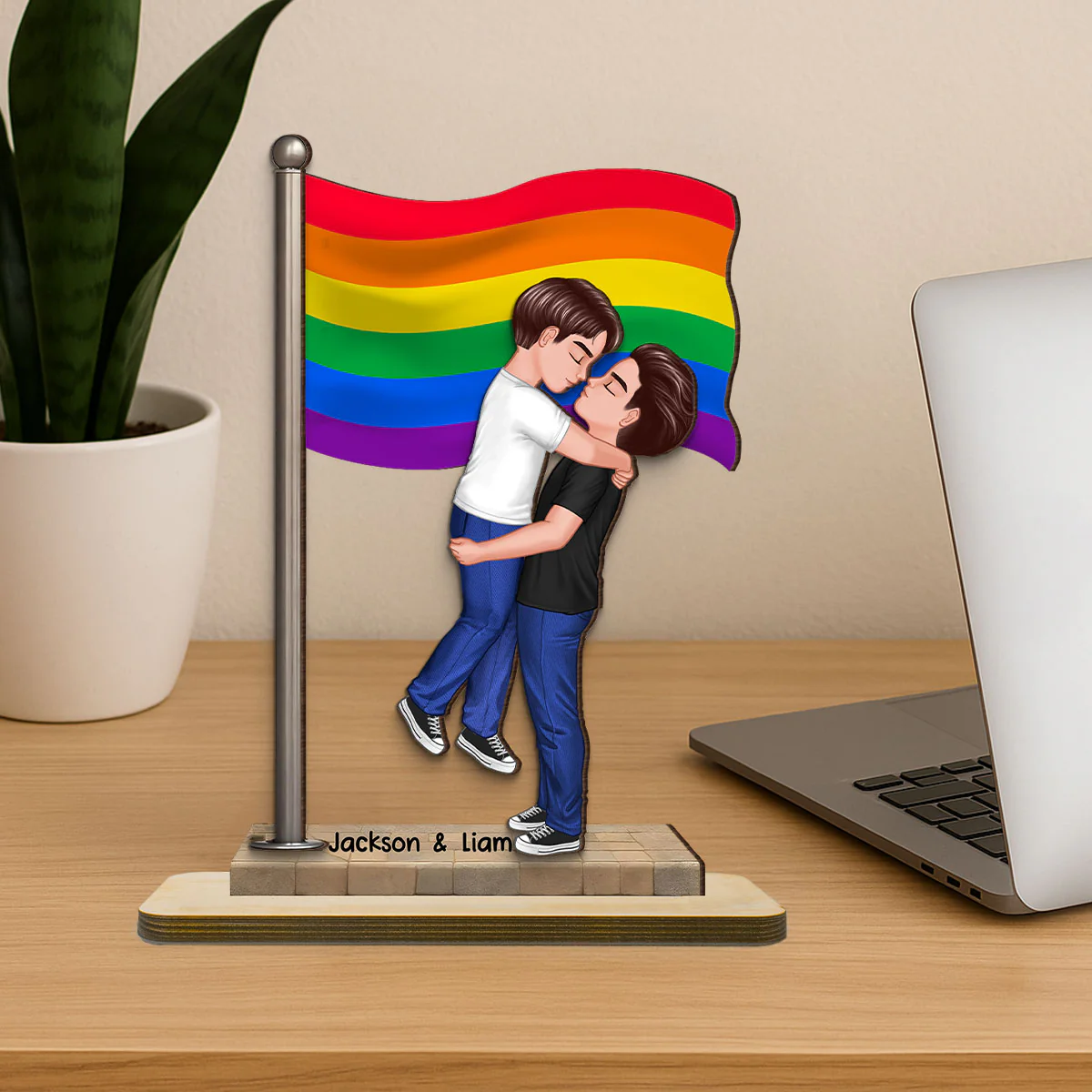 LGBT Couple Hugging Kissing Flag Personalized 2-Layered Standing Wooden Plaque, Pride Month Gift, Anniversary Gift - Image 3