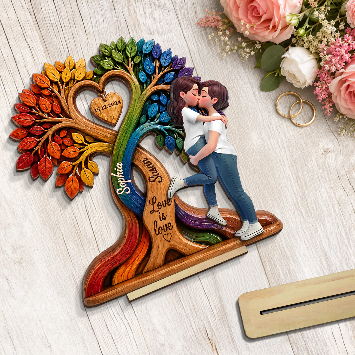 LGBT Couple Kissing Under Tree - Personalized 2-Layered Wooden Plaque - Heartfelt Gift for Her, Gift for Him - Image 7