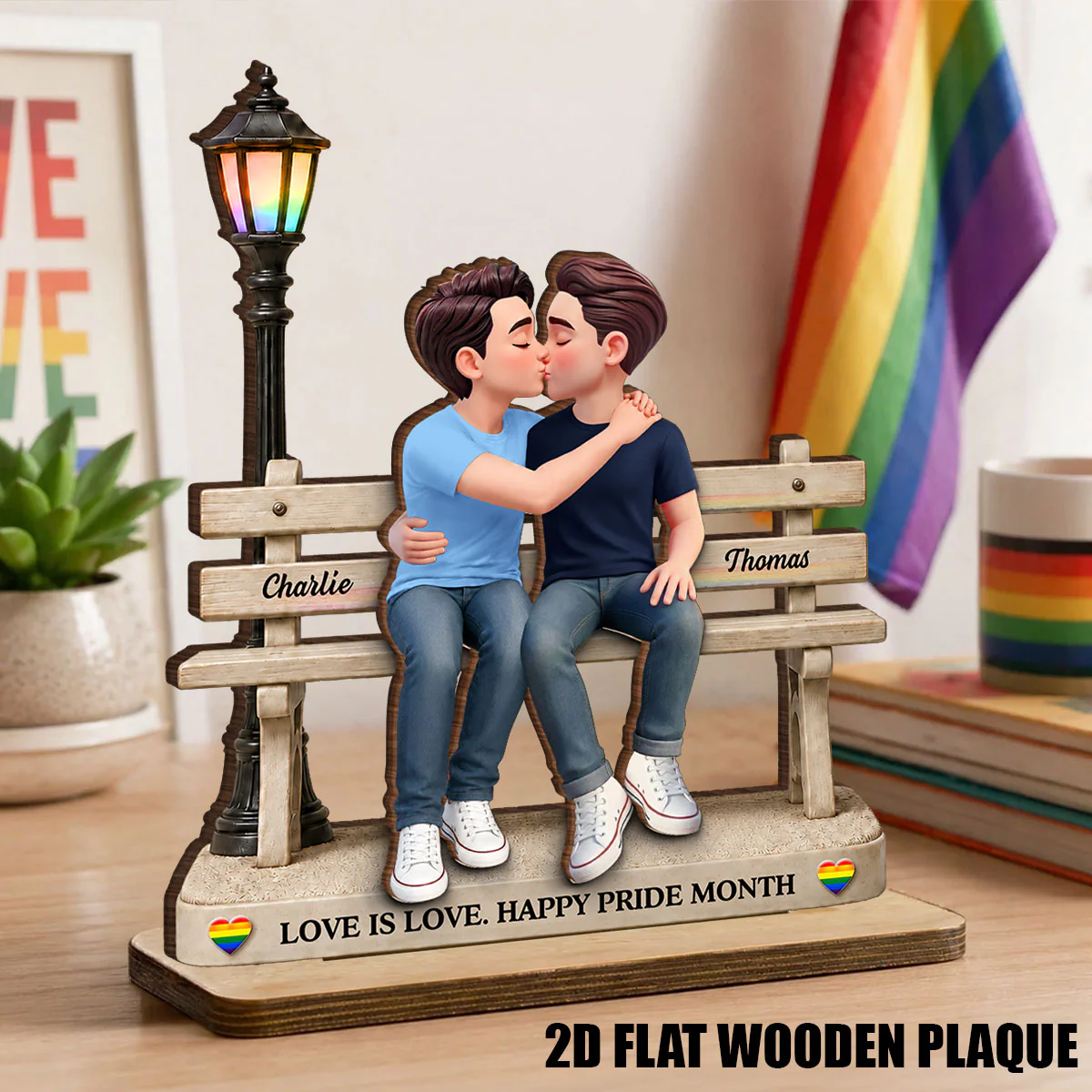 LGBT+ Couple Sitting On Bench - Personalized 2-Layered Wooden Plaque - Gift For Couple, Happy Pride Month - Image 2