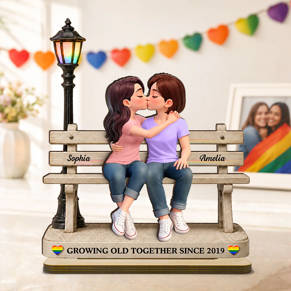 LGBT+ Couple Sitting On Bench - Personalized 2-Layered Wooden Plaque - Gift For Couple, Happy Pride Month - Image 9