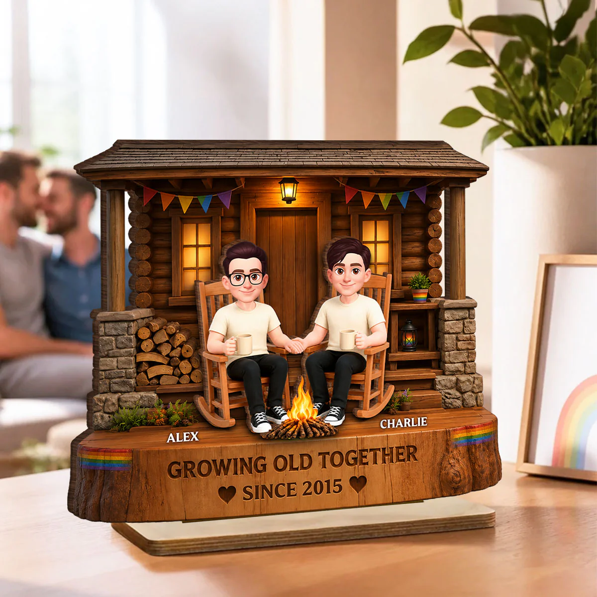 LGBT+ Couple Sitting On Front Porch - Personalized 2-Layered Wooden Plaque - Gift For Couple, Happy Pride Month - Image 6