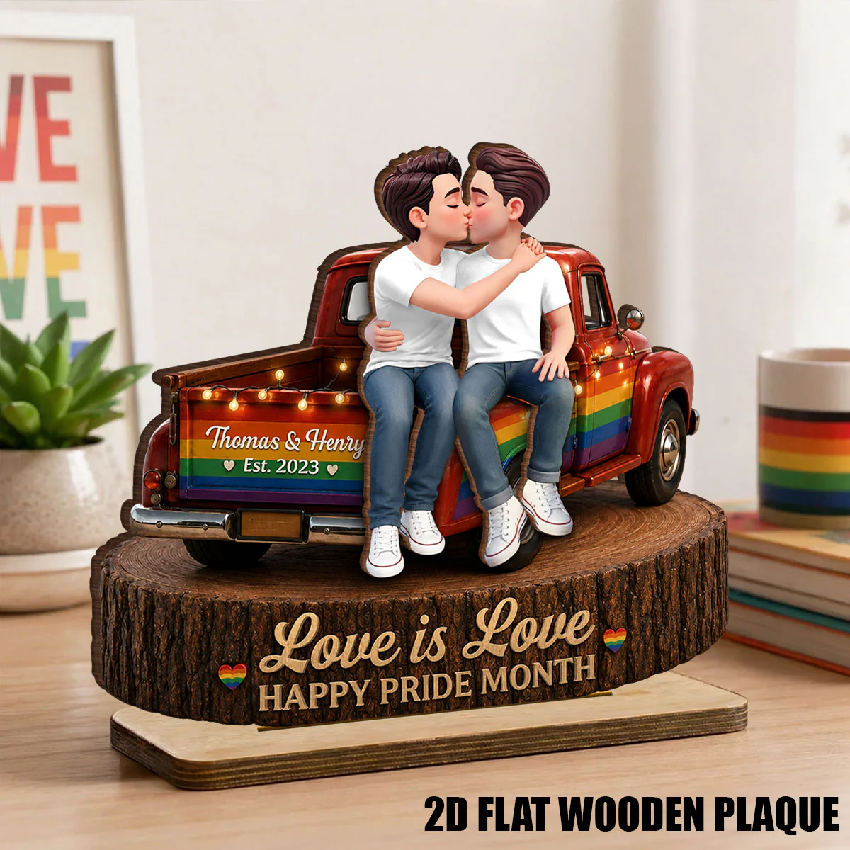 LGBT+ Couple Truck Love Is Love - Personalized 2-Layered Wooden Plaque - Gift For Couple, Happy Pride Month - Image 2