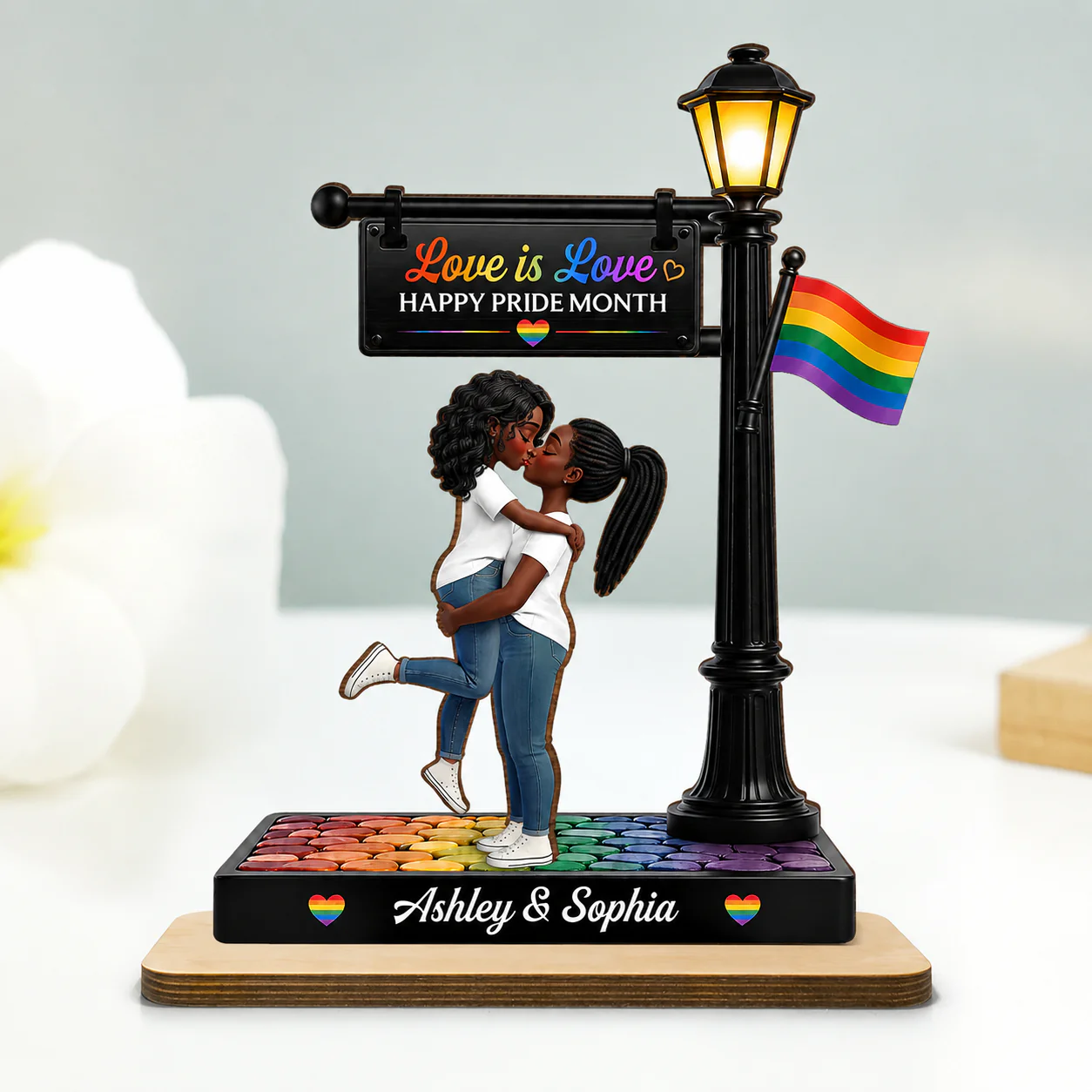 LGBT Couple Under Lamp Post - Personalized 2-Layered Wooden Plaque - Gift For Couple, Happy Pride Month