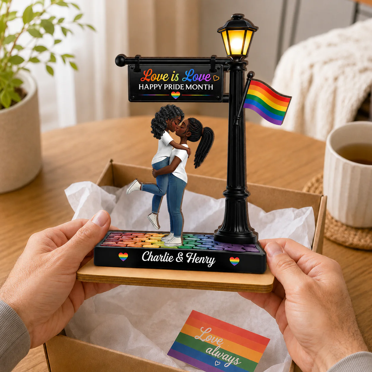 LGBT Couple Under Lamp Post - Personalized 2-Layered Wooden Plaque - Gift For Couple, Happy Pride Month - Image 3