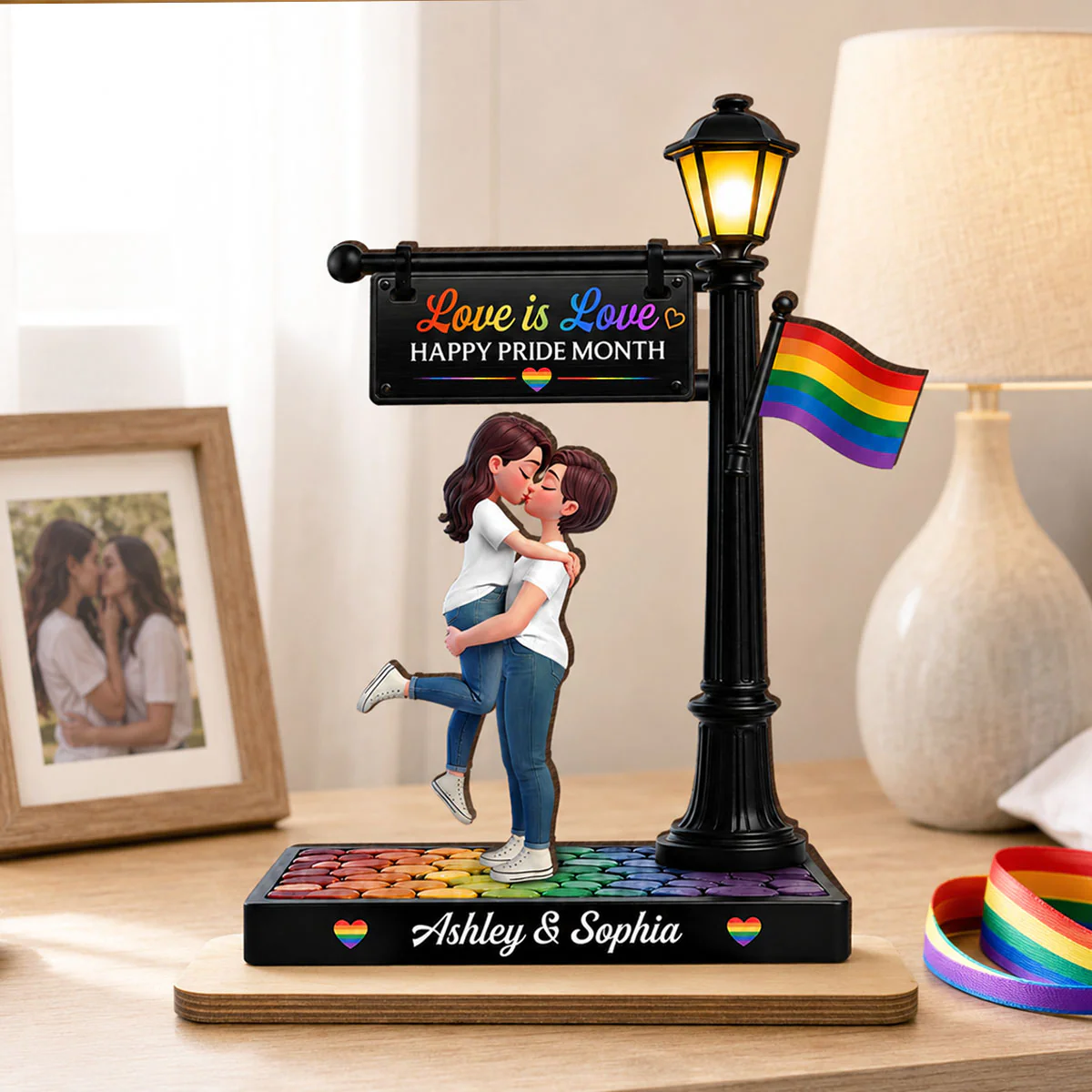 LGBT Couple Under Lamp Post - Personalized 2-Layered Wooden Plaque - Gift For Couple, Happy Pride Month - Image 4
