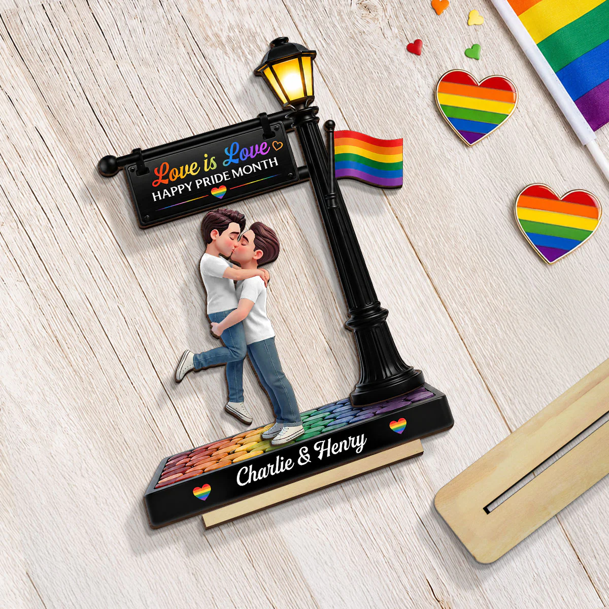 LGBT Couple Under Lamp Post - Personalized 2-Layered Wooden Plaque - Gift For Couple, Happy Pride Month - Image 7