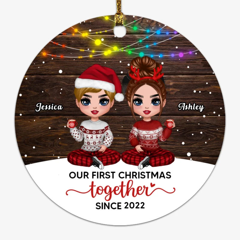 LGBT Doll Couple Colorful Light Personalized Circle Ornament - Image 2