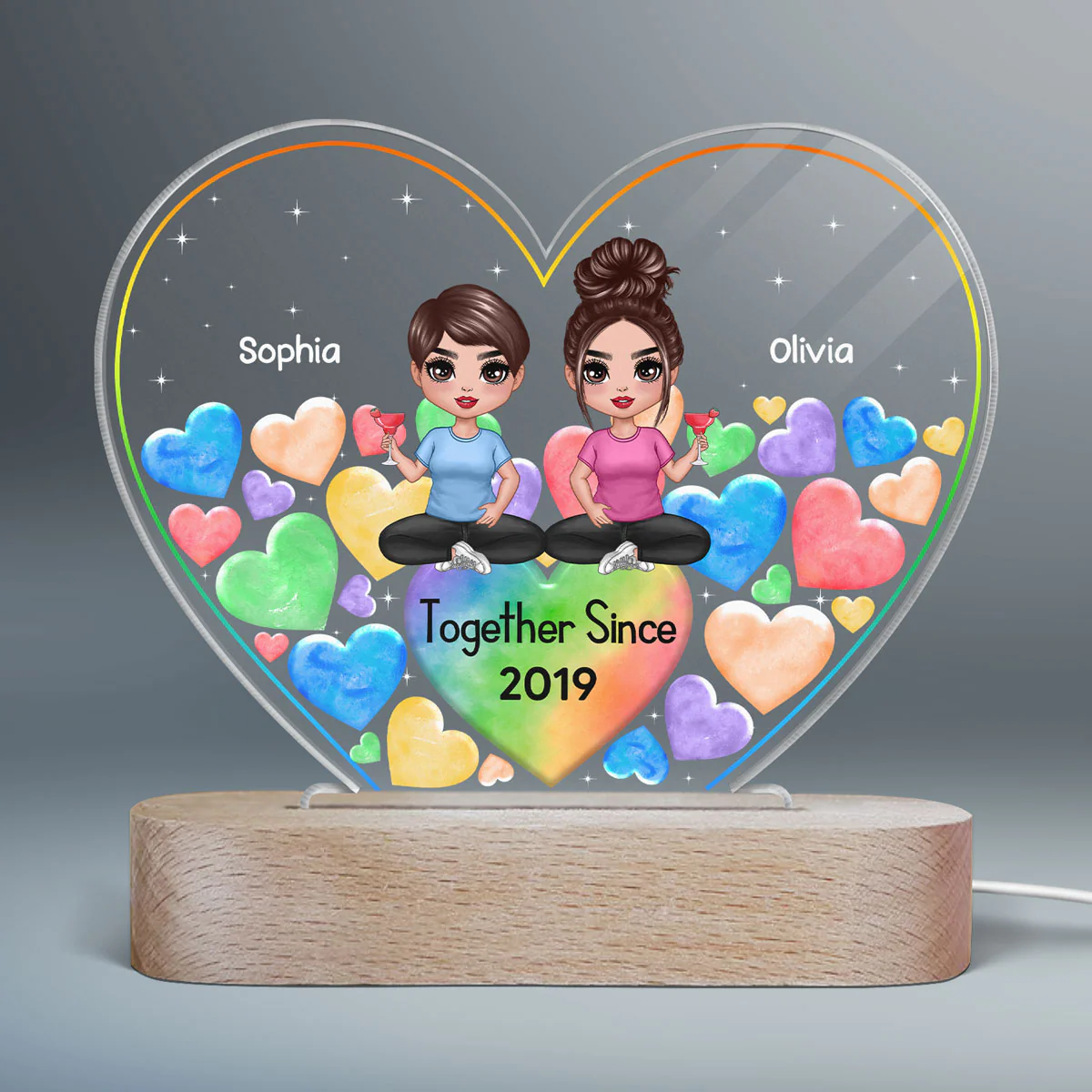 LGBT Doll Couple Hearts In Heart Personalized Heart Acrylic Plaque With LED Night Light - Image 2