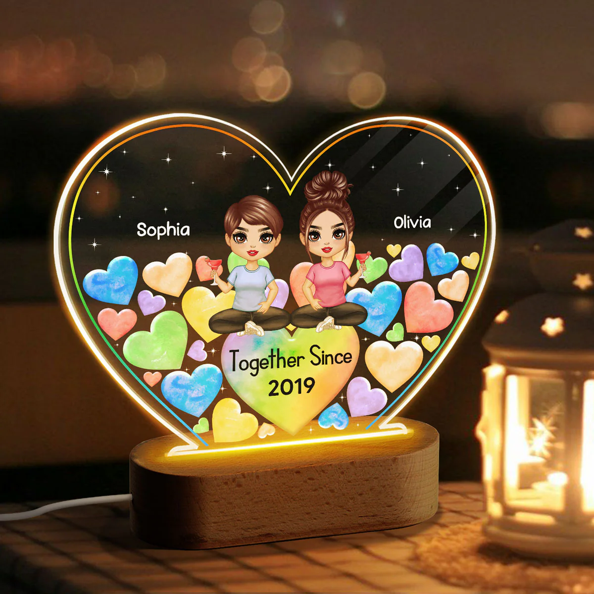 LGBT Doll Couple Hearts In Heart Personalized Heart Acrylic Plaque With LED Night Light - Image 3