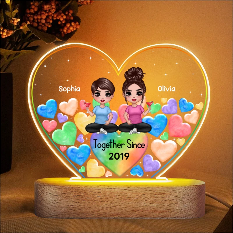 LGBT Doll Couple Hearts In Heart Personalized Heart Acrylic Plaque With LED Night Light - Image 4