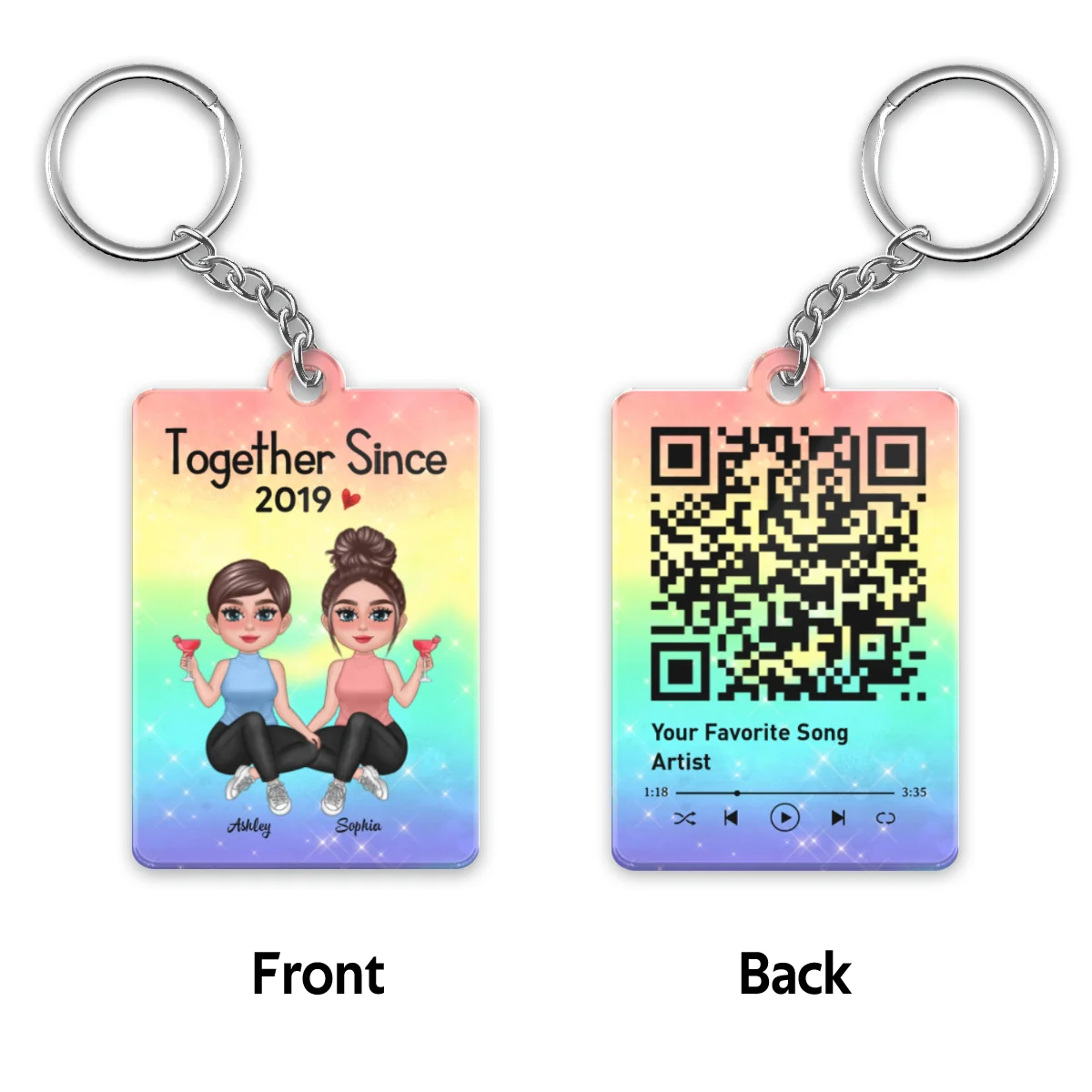 LGBT Doll Couple Sitting Together Since Favorite Song Scannable QR Code Couple Gift Personalized Acrylic Keychain - Image 4