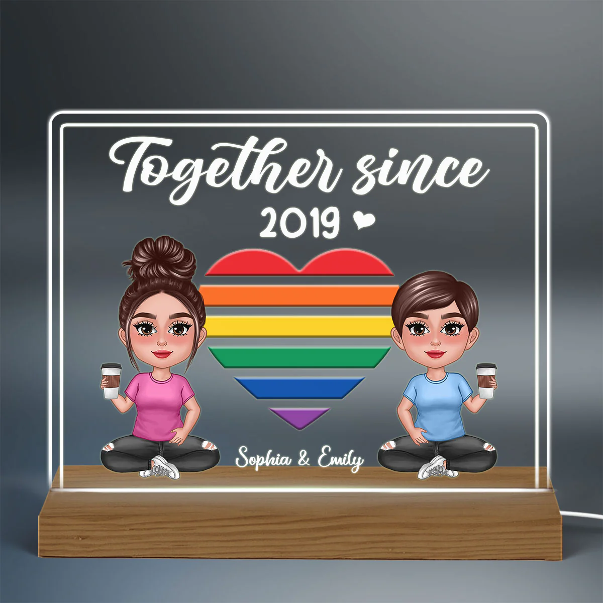 LGBT Doll Couple Sitting Together Since Personalized Acrylic Custom Shape LED Night Light - Image 3