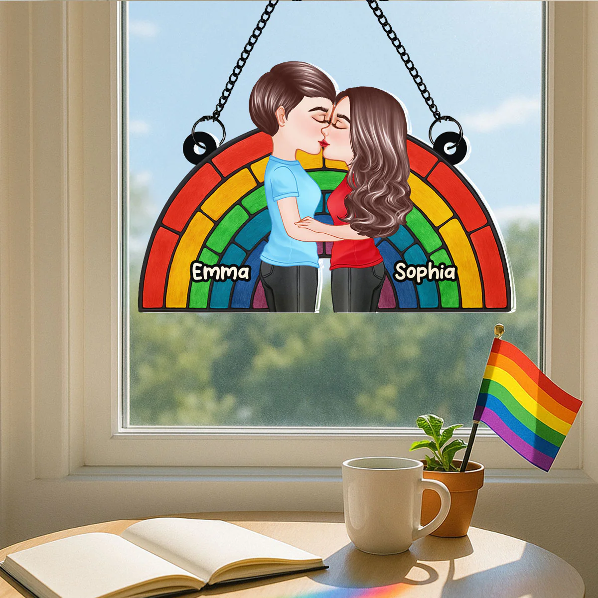 LGBT Flag Rainbow Couple Kissing Personalized Suncatcher - Image 13