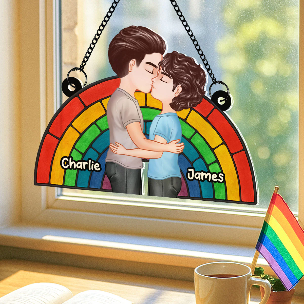 LGBT Flag Rainbow Couple Kissing Personalized Suncatcher - Image 8
