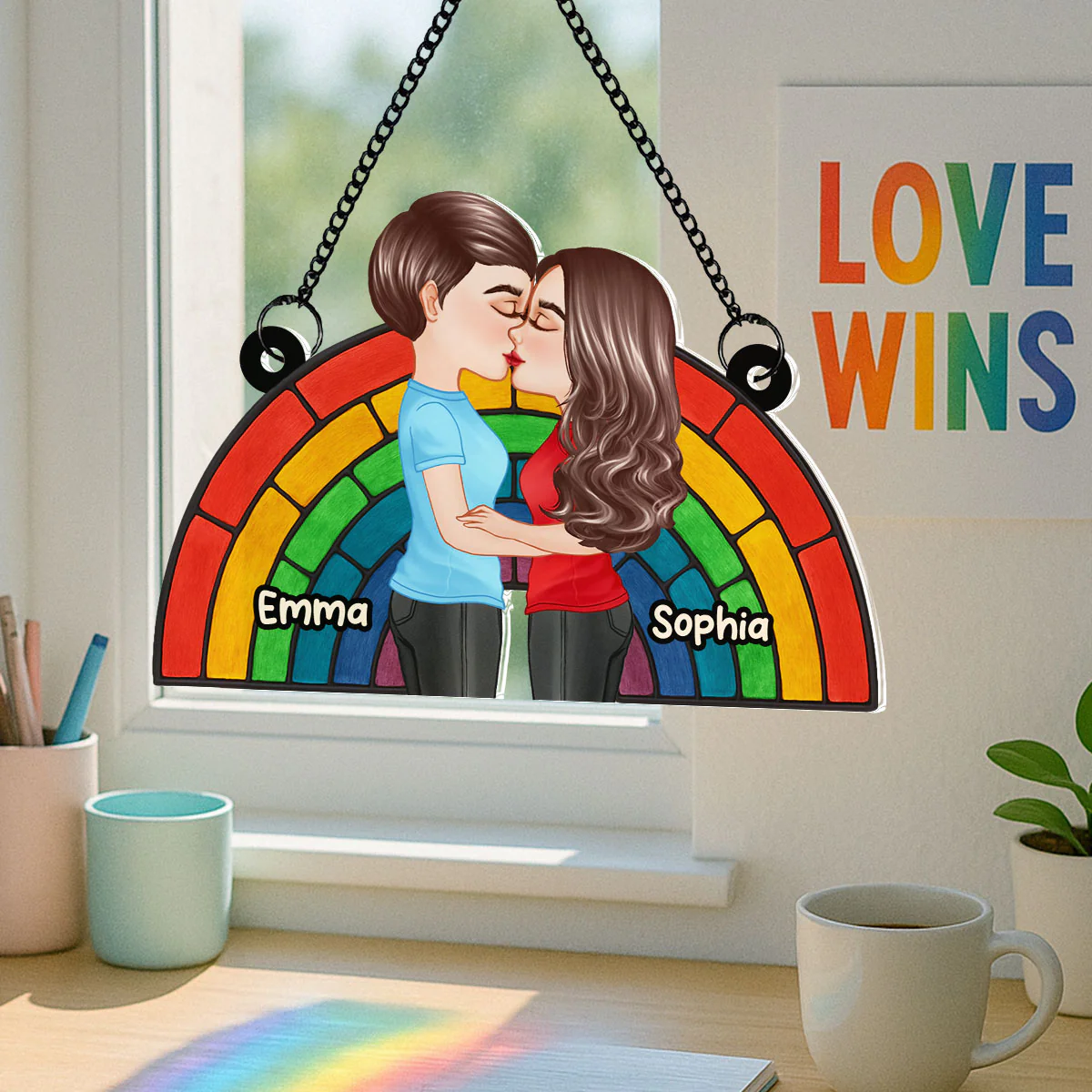 LGBT Flag Rainbow Couple Kissing Personalized Suncatcher - Image 9
