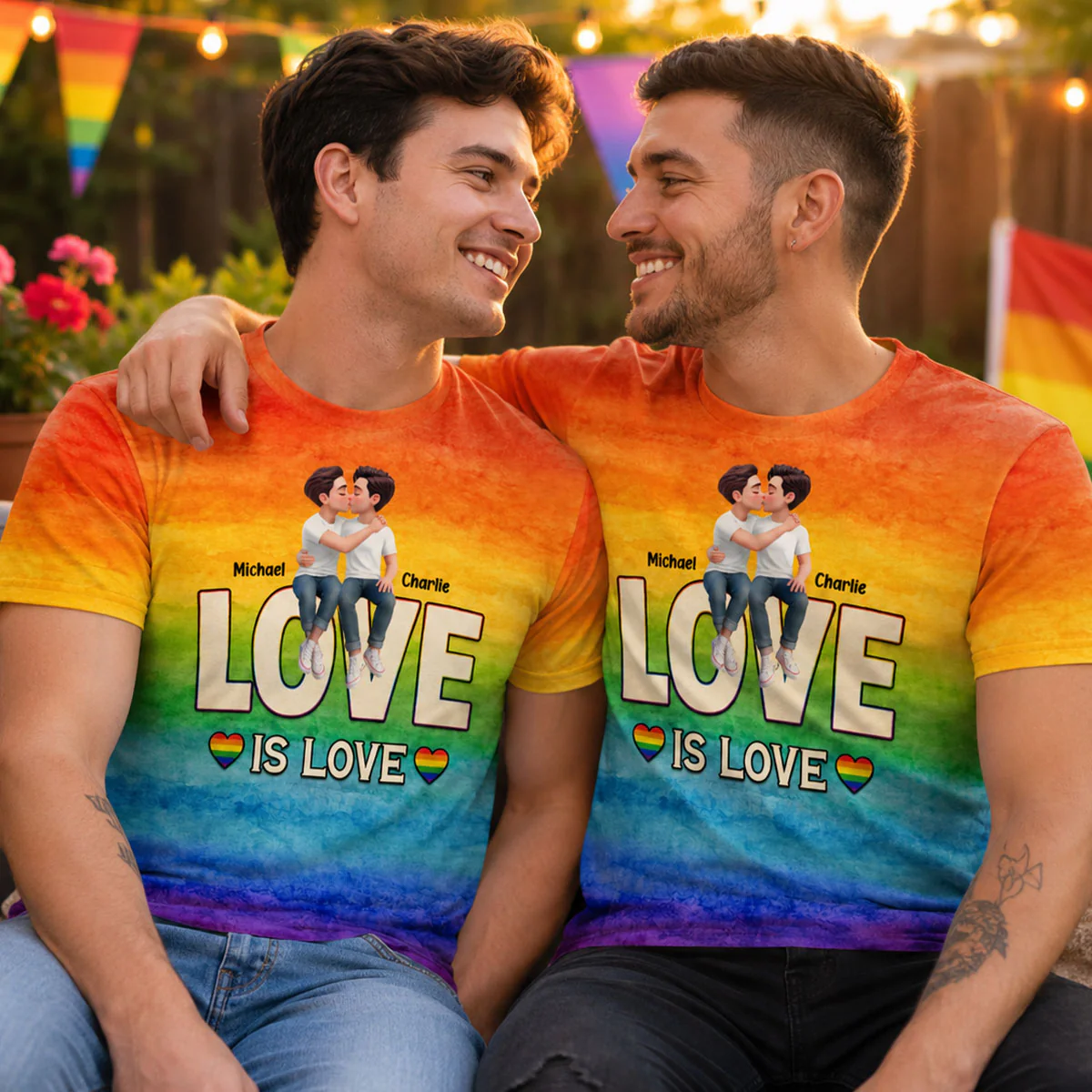 LGBT+ Watercolor Flag Couple Love Is Love - Personalized Shirt - Matching Shirts For Couple, Happy Pride Month - Image 3