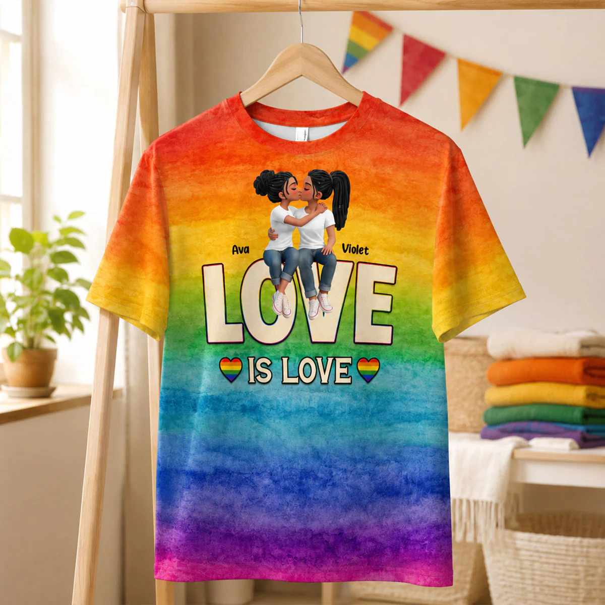 LGBT+ Watercolor Flag Couple Love Is Love - Personalized Shirt - Matching Shirts For Couple, Happy Pride Month - Image 5