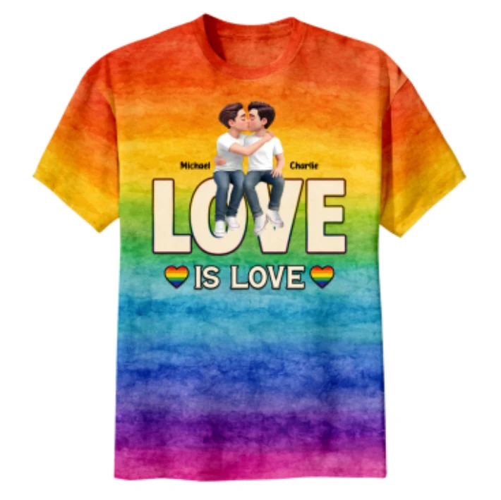 LGBT+ Watercolor Flag Couple Love Is Love - Personalized Shirt - Matching Shirts For Couple, Happy Pride Month - Image 8
