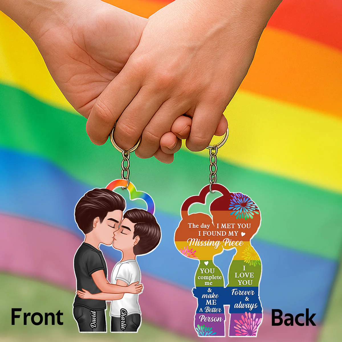 LGBTQ Couple Kissing Personalized Acrylic Keychain, Pride Month gift - Image 3