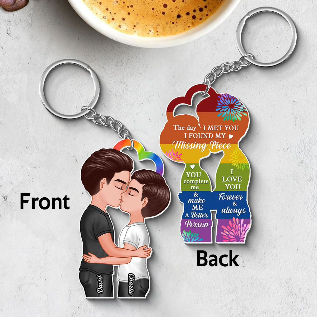 LGBTQ Couple Kissing Personalized Acrylic Keychain, Pride Month gift - Image 4