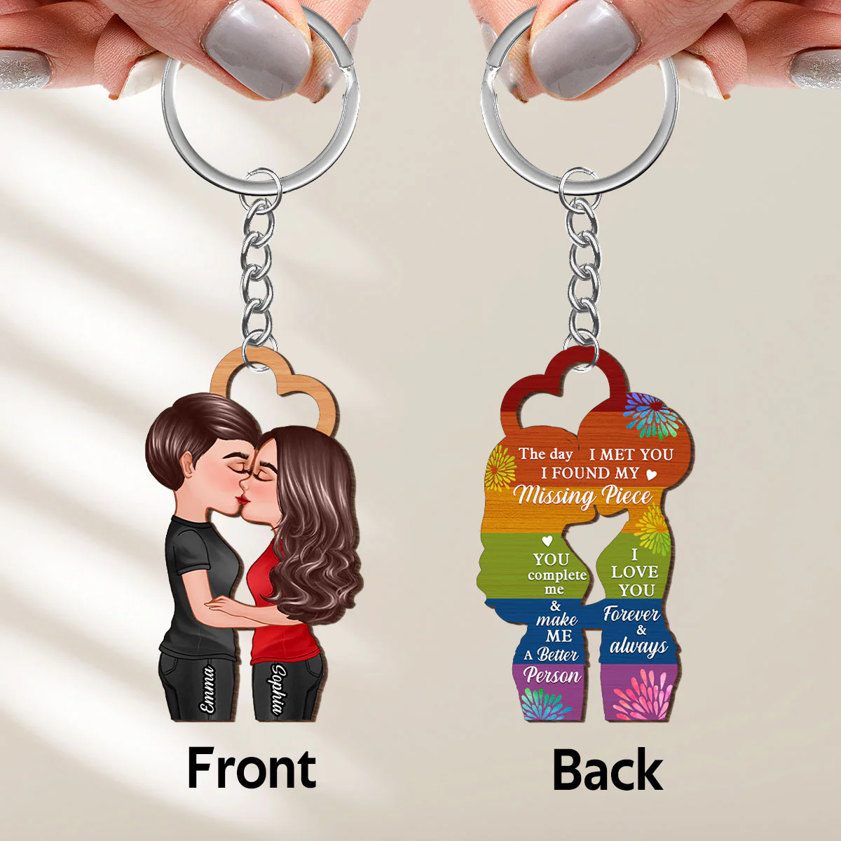 LGBTQ Couple Kissing Personalized Wooden Keychain, Pride Month Gift