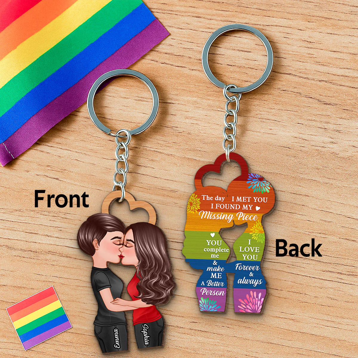 LGBTQ Couple Kissing Personalized Wooden Keychain, Pride Month Gift - Image 3