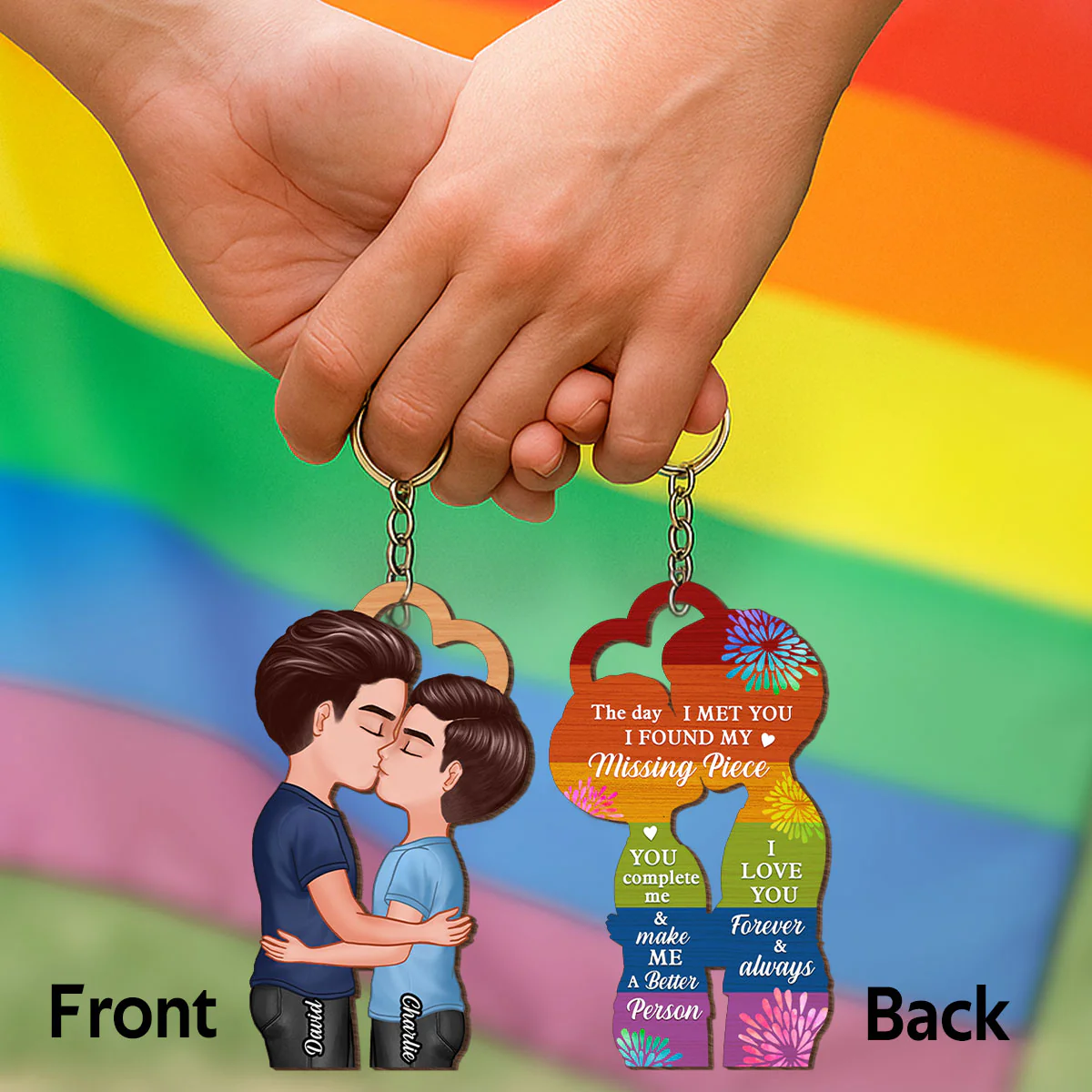 LGBTQ Couple Kissing Personalized Wooden Keychain, Pride Month Gift - Image 4