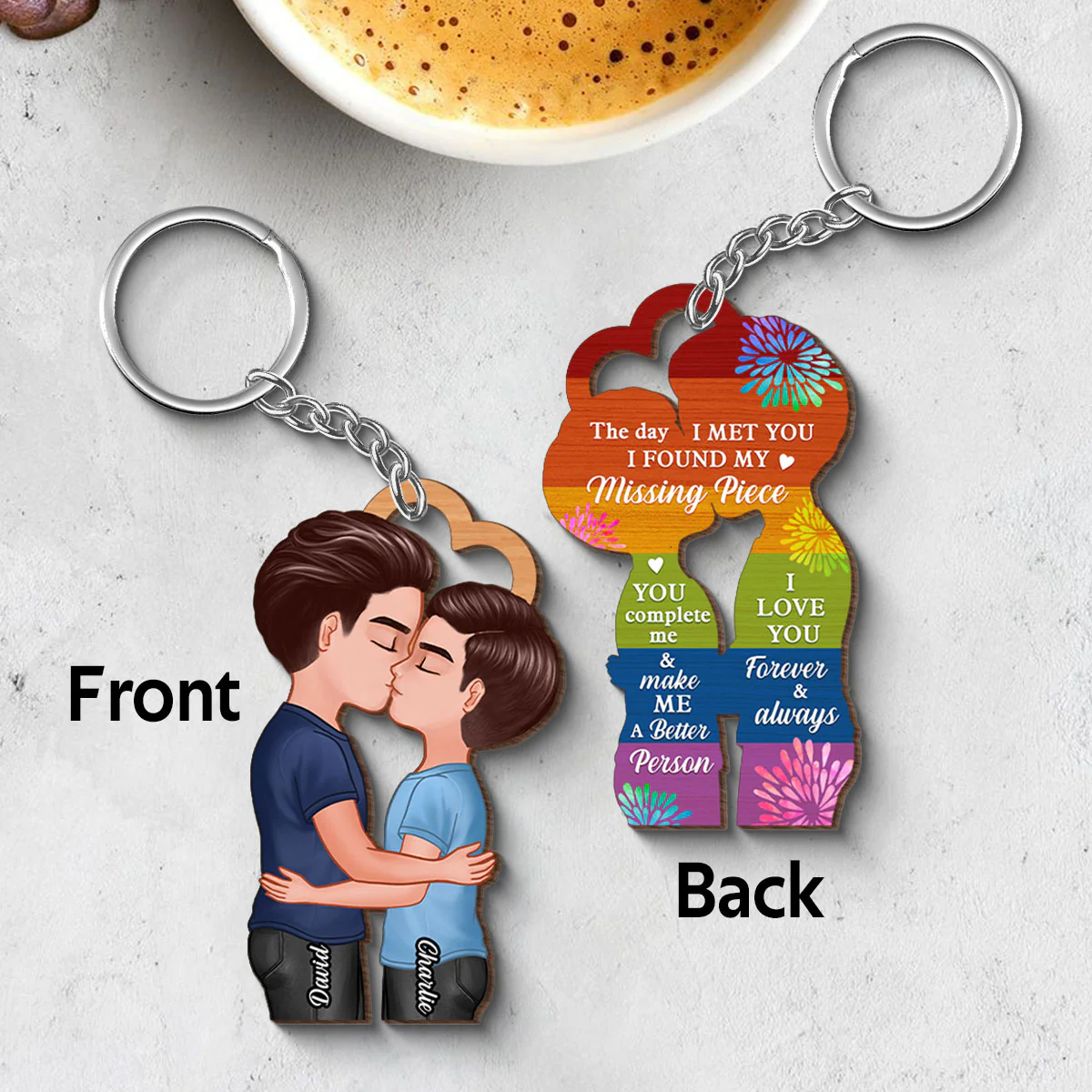 LGBTQ Couple Kissing Personalized Wooden Keychain, Pride Month Gift - Image 5