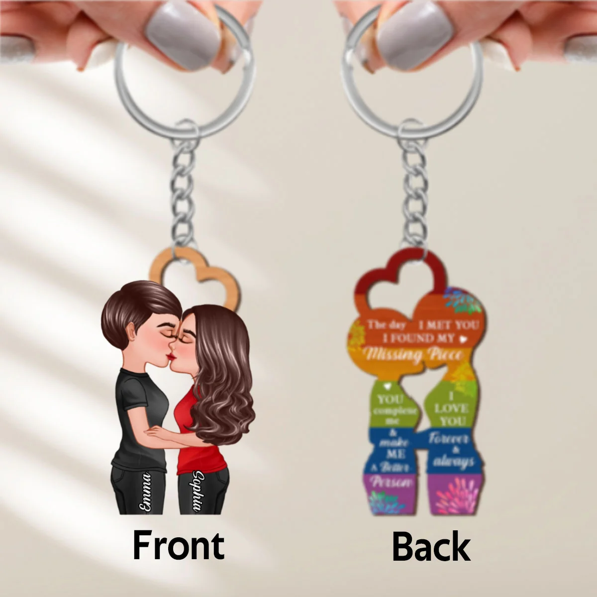 LGBTQ Couple Kissing Personalized Wooden Keychain, Pride Month Gift - Image 9