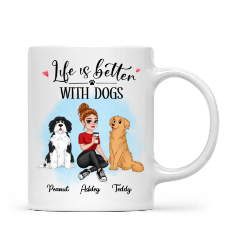 Life Better With Dog Pretty Cartoon Woman & Sitting Dog Personalized Mug - Image 4