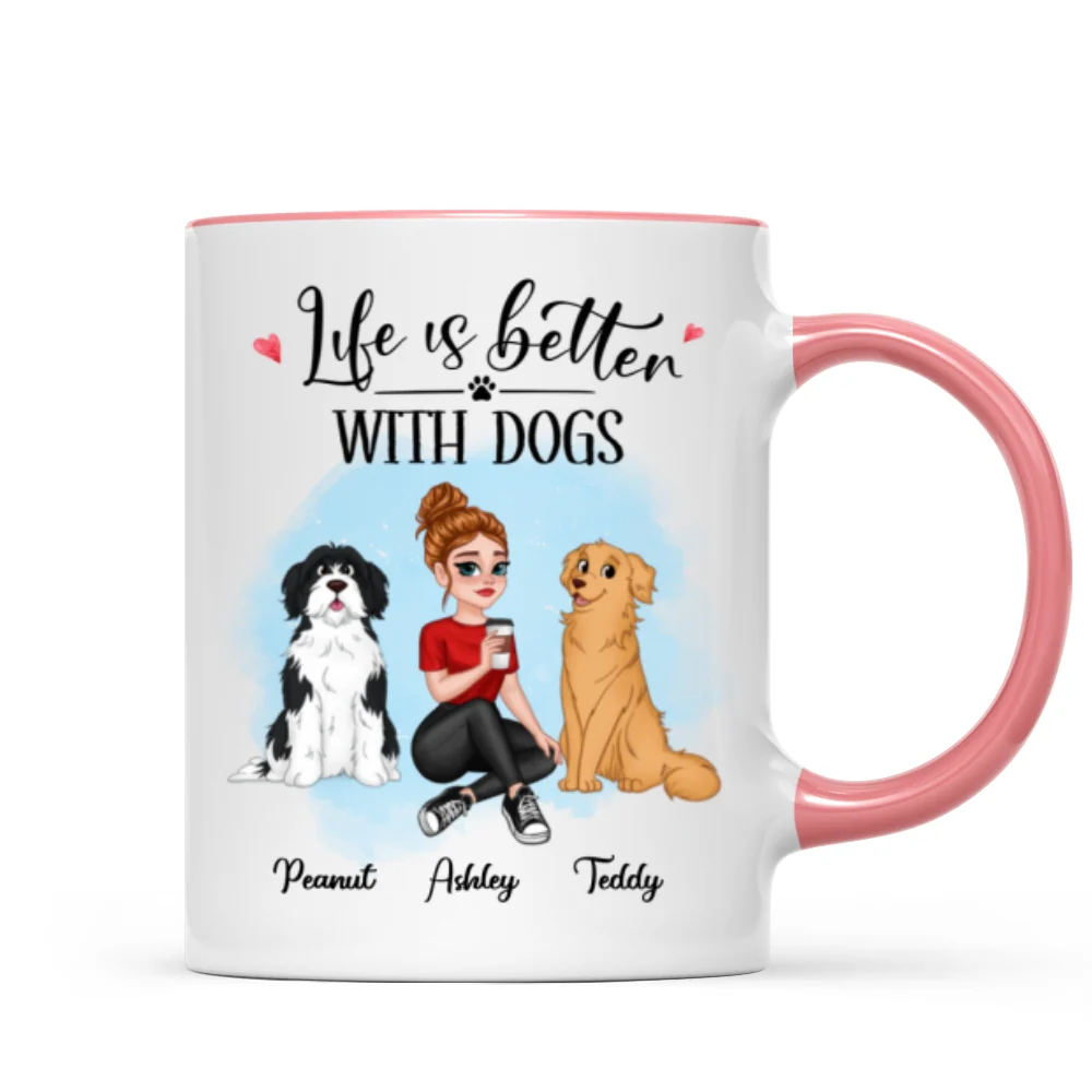 Life Better With Dog Pretty Cartoon Woman & Sitting Dog Personalized Mug - Image 9