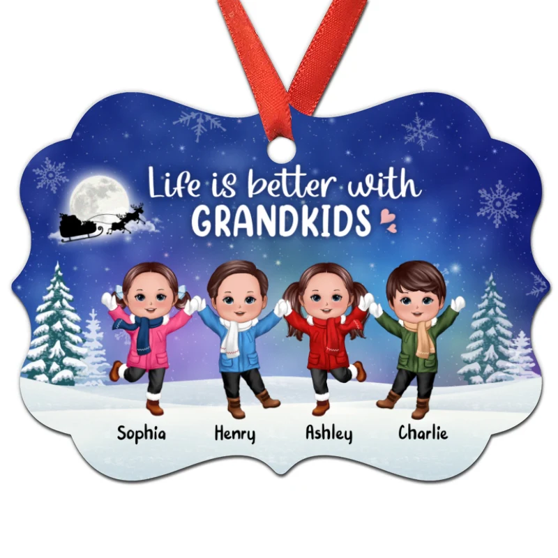 Life Better With Grandkids Happy Doll Kids In Snow Night Personalized Christmas Ornament - Image 5