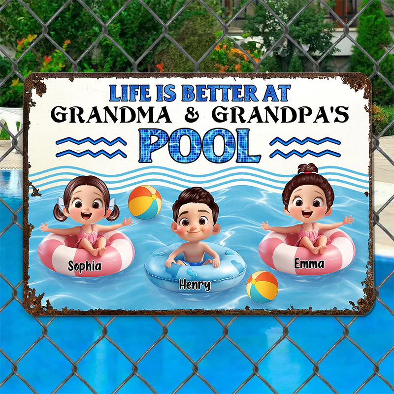 Life is Better at Grandma & Grandpa Pool Personalized Metal Sign, Grandchildren Welcome Sign - Image 3