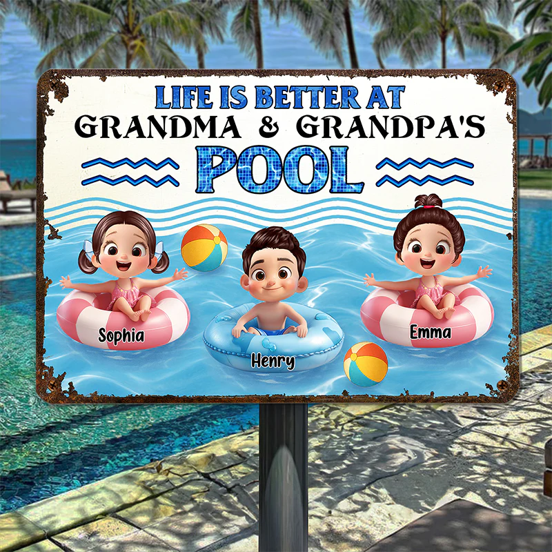 Life is Better at Grandma & Grandpa Pool Personalized Metal Sign, Grandchildren Welcome Sign - Image 4