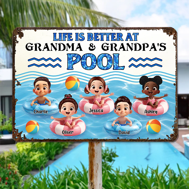 Life is Better at Grandma & Grandpa Pool Personalized Metal Sign, Grandchildren Welcome Sign - Image 5
