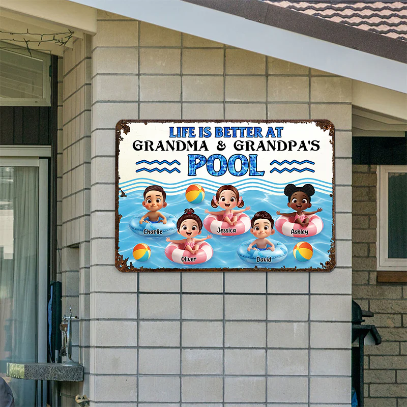Life is Better at Grandma & Grandpa Pool Personalized Metal Sign, Grandchildren Welcome Sign - Image 6
