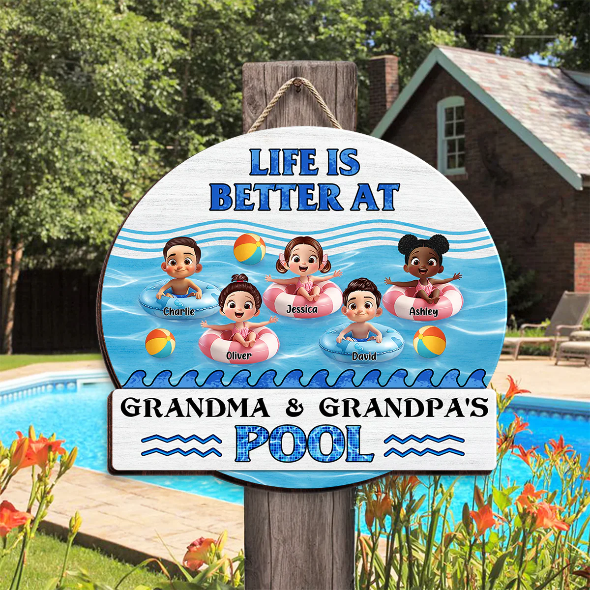 Life is Better at Grandma & Grandpa Pool Personalized Wooden Door Sign, Grandchildren Welcome Sign - Image 2