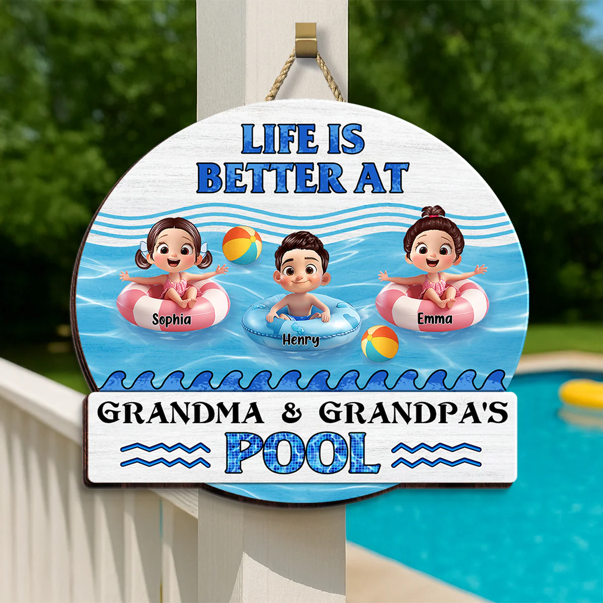 Life is Better at Grandma & Grandpa Pool Personalized Wooden Door Sign, Grandchildren Welcome Sign - Image 4