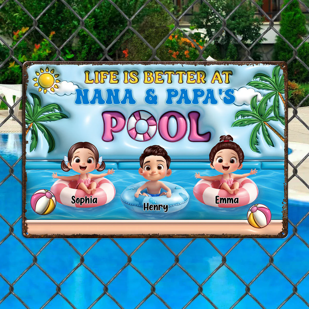 Life Is Better At Grandpa Grandma Pool 3D Inflated Effect Personalized Metal Sign, Grandchildren Welcome Sign - Image 3