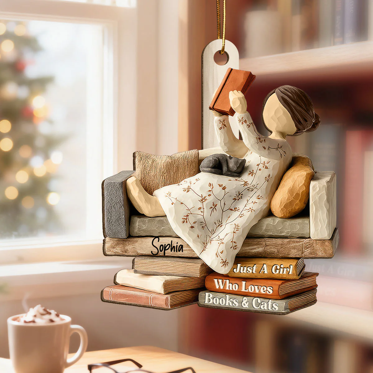 Life Is Better With Books & Cats 3D Effect - Personalized Wooden Ornament - Christmas Gift For Book Lover, Bookworm - Image 5