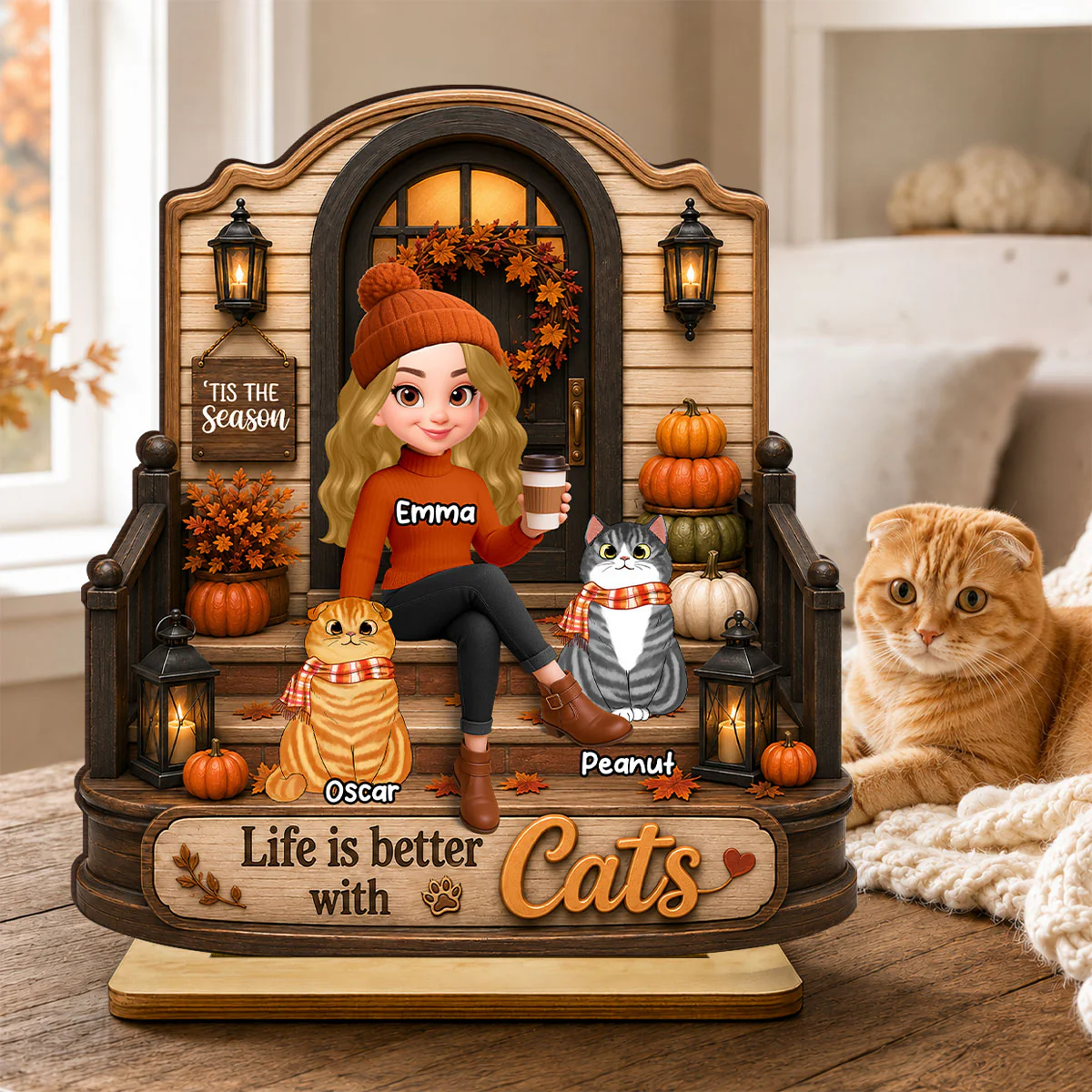 Life is Better with Cats - Personalized 2-Layered Wooden Plaque - Fall Decor for Cat Moms - Image 3