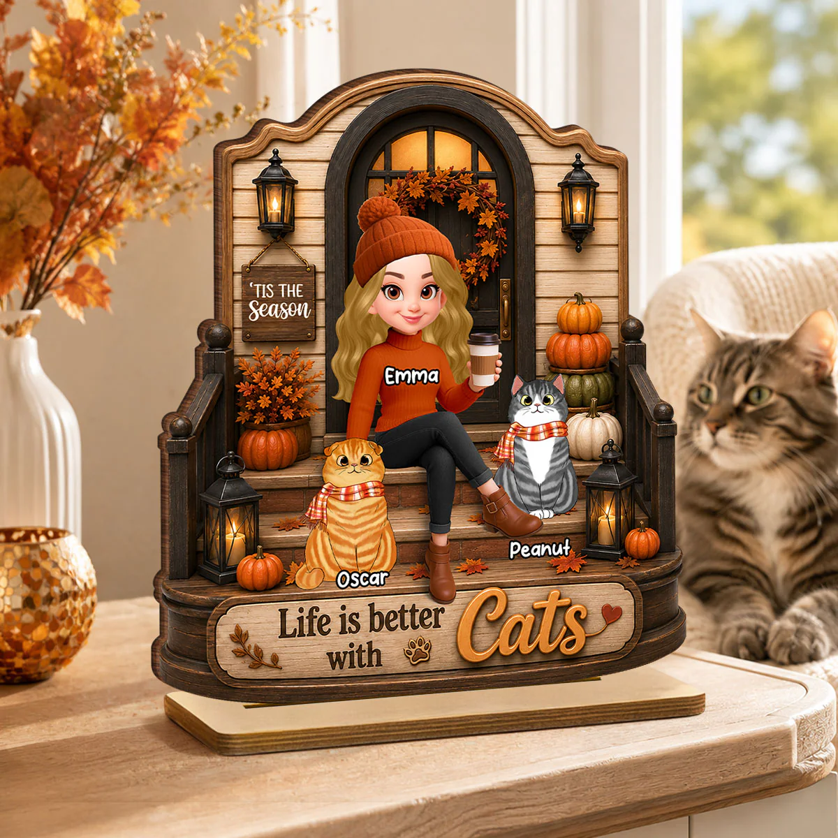Life is Better with Cats - Personalized 2-Layered Wooden Plaque - Fall Decor for Cat Moms - Image 6