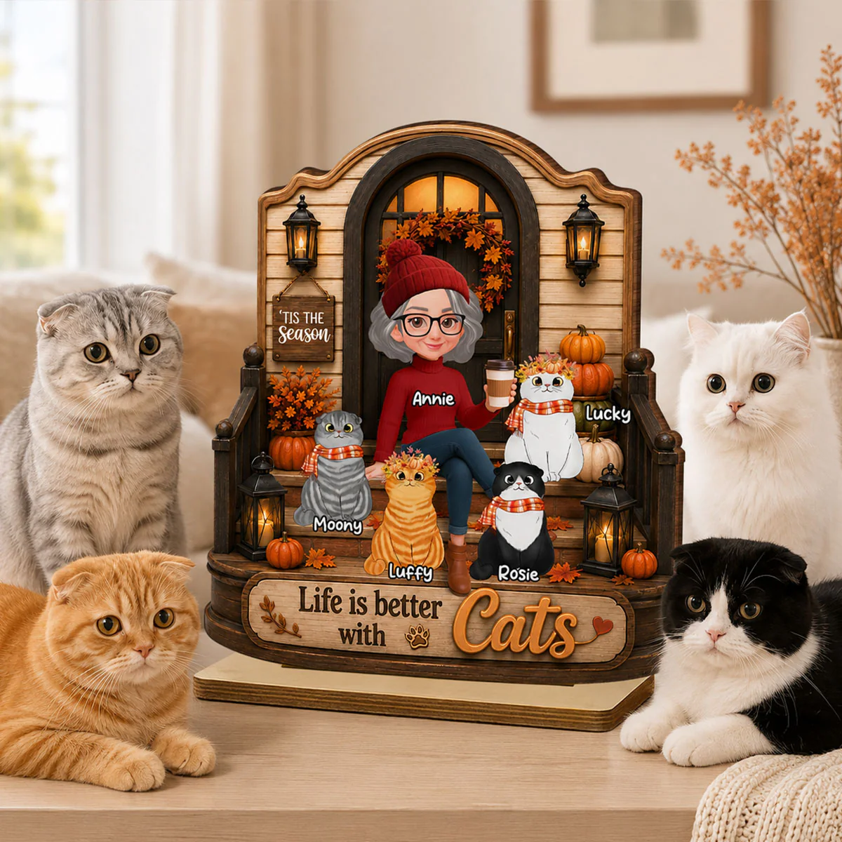 Life is Better with Cats - Personalized 2-Layered Wooden Plaque - Fall Decor for Cat Moms - Image 7