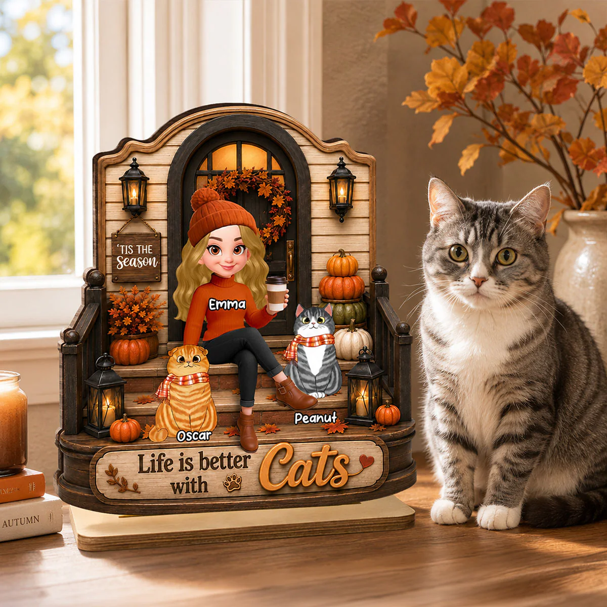 Life is Better with Cats - Personalized 2-Layered Wooden Plaque - Fall Decor for Cat Moms - Image 8