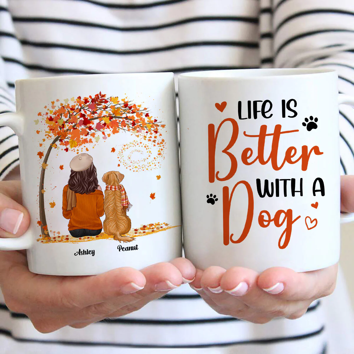 Life Is Better With Dogs Fall Season Woman Sitting Personalized Mug - Image 2