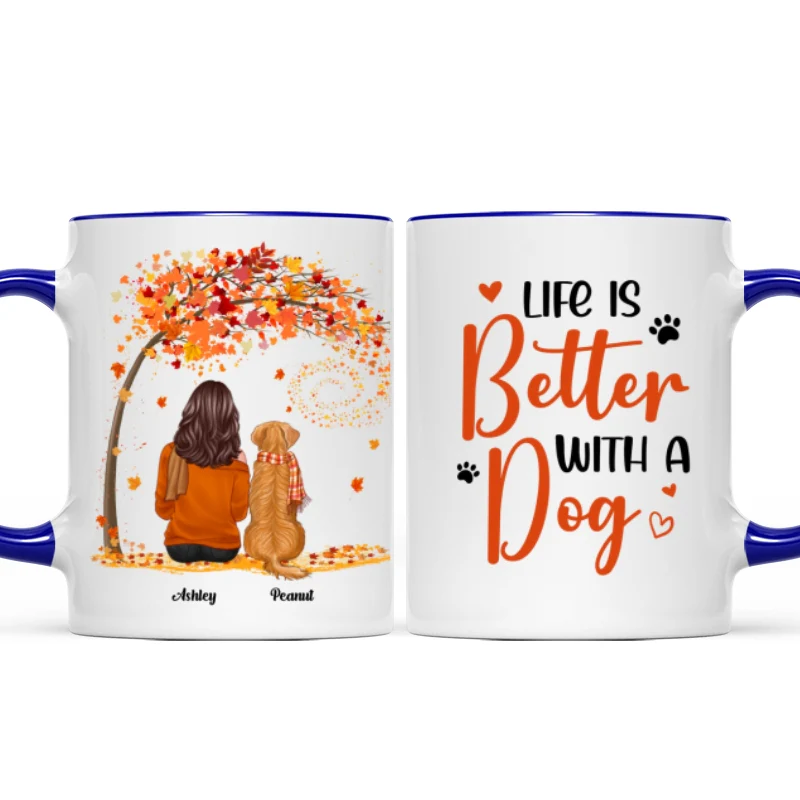 Life Is Better With Dogs Fall Season Woman Sitting Personalized Mug - Image 6