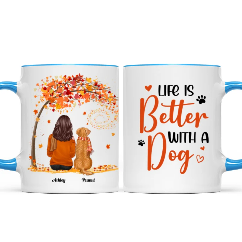 Life Is Better With Dogs Fall Season Woman Sitting Personalized Mug - Image 8